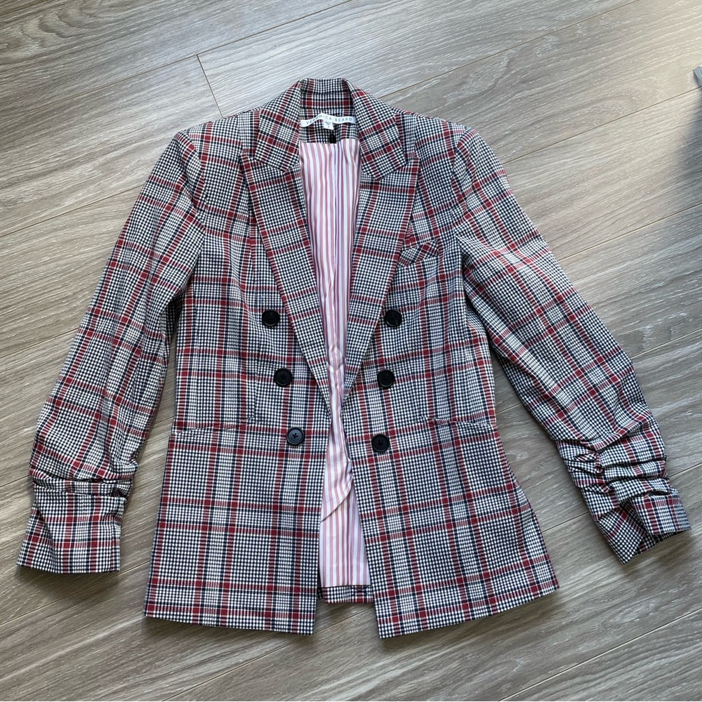 Veronica Beard Red Black White Plaid Double-Breasted Blazer
